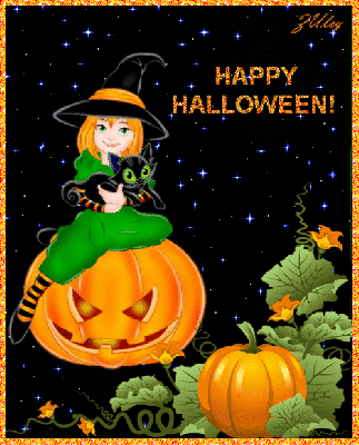 Dziewczynka z kotkiem szczęśliwego Halloween